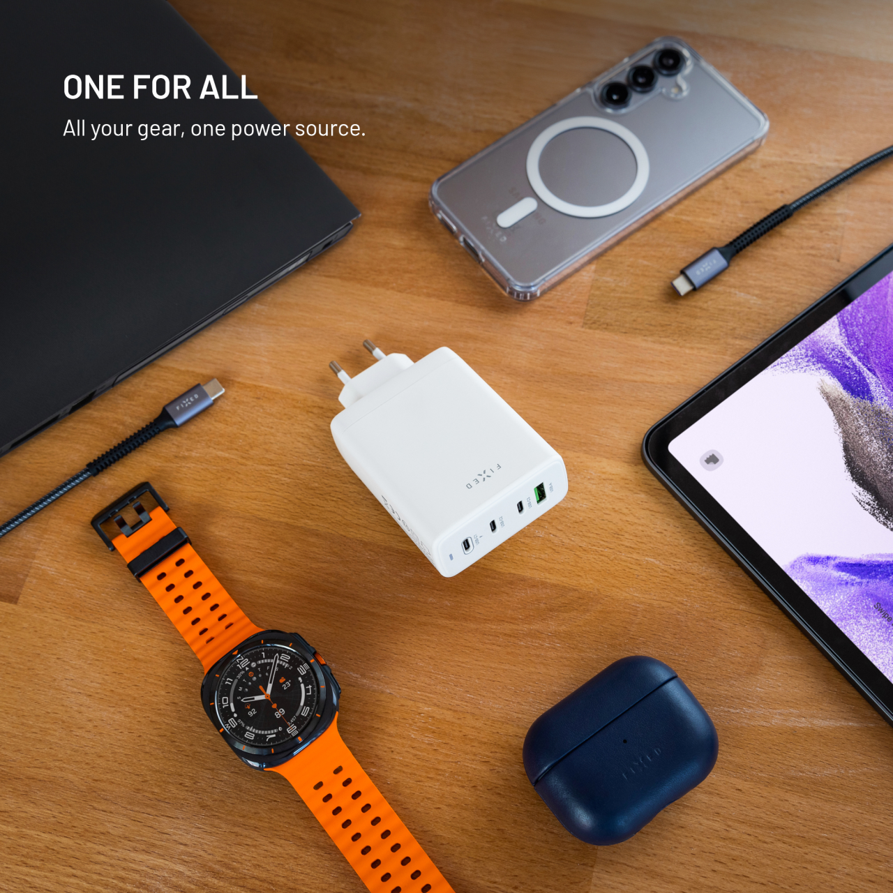 GaN nabíječka do sítě 120W s 3xUSB-C a USB výstupem, podpora PD 3.0 - Fixed, bílá
