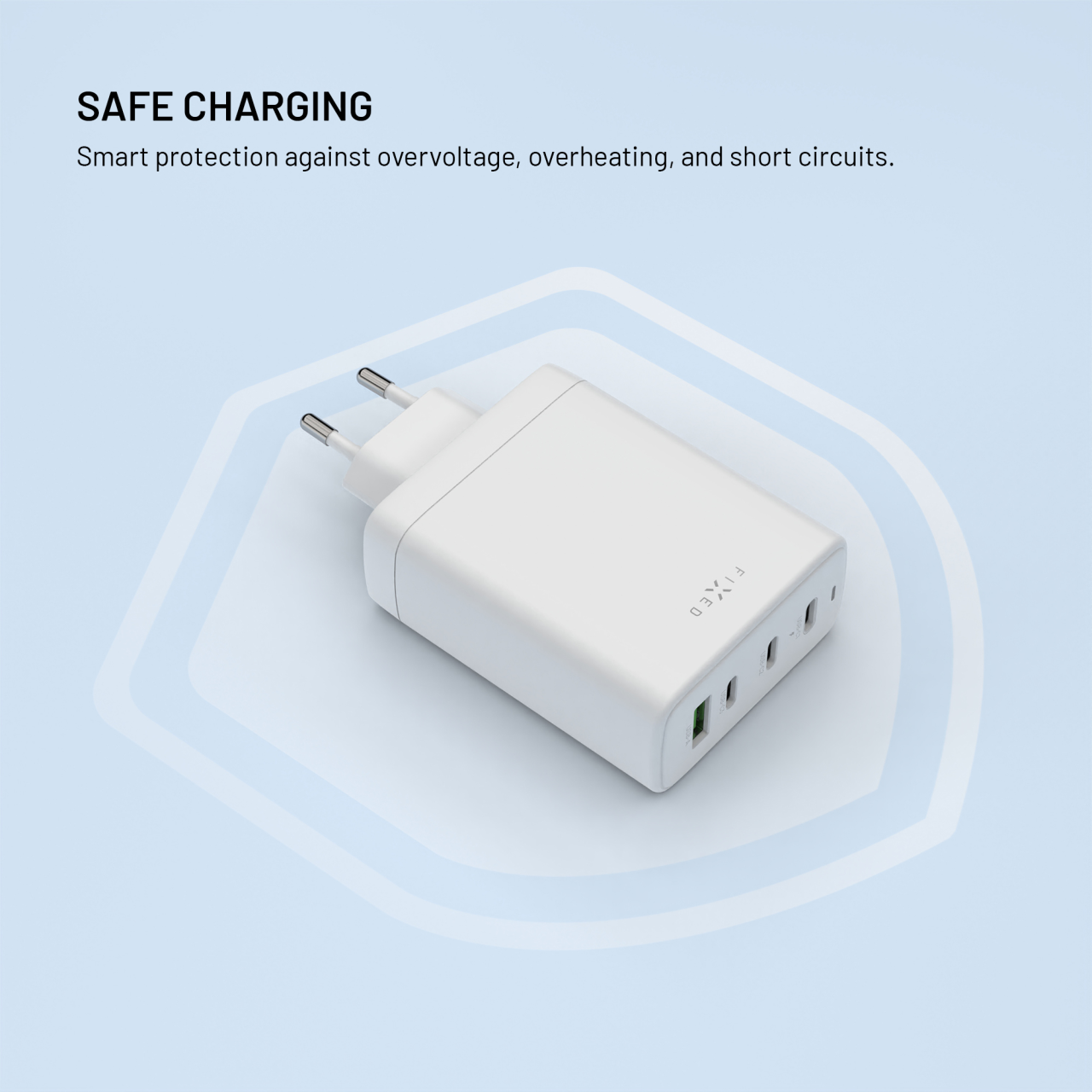 Síťová GaN nabíječka FIXED s 3xUSB-C a USB výstupem, podpora PD 3.0, 120W, bílá