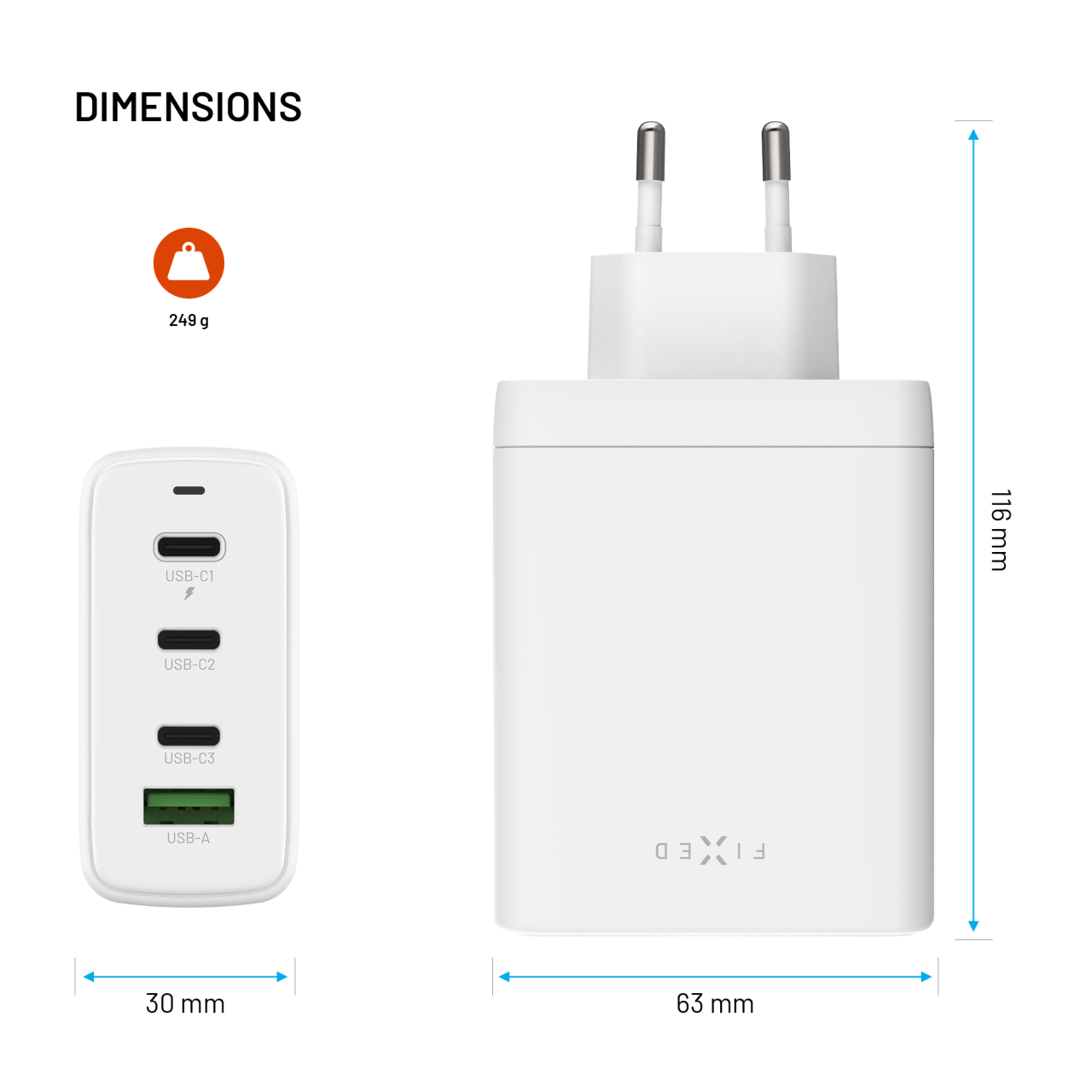 GaN nabíječka do sítě 120W s 3xUSB-C a USB výstupem, podpora PD 3.0 - Fixed, bílá