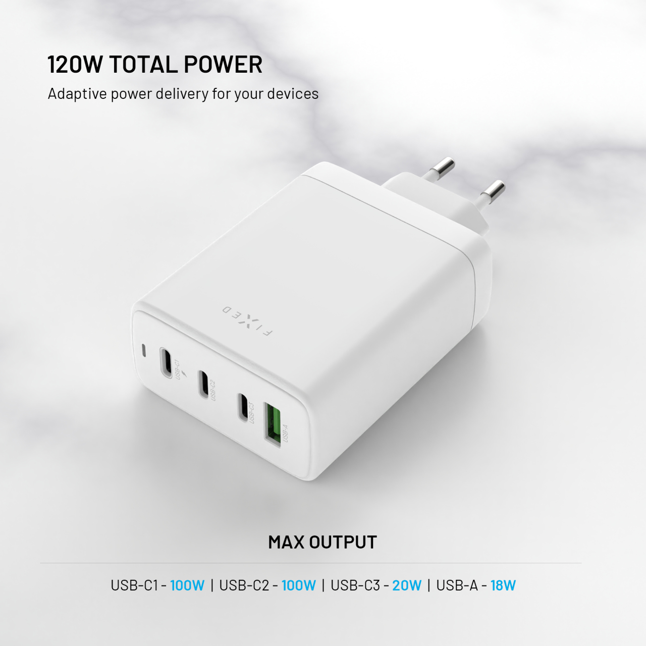 Síťová GaN nabíječka FIXED s 3xUSB-C a USB výstupem, podpora PD 3.0, 120W, bílá