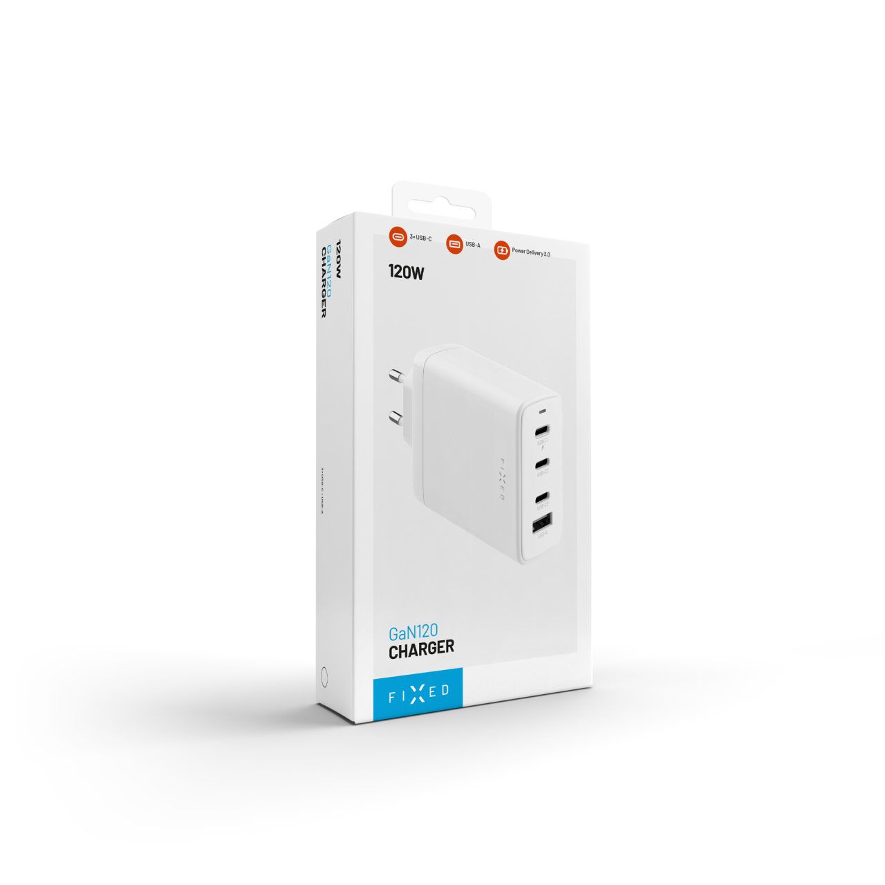 GaN nabíječka do sítě 120W s 3xUSB-C a USB výstupem, podpora PD 3.0 - Fixed, bílá