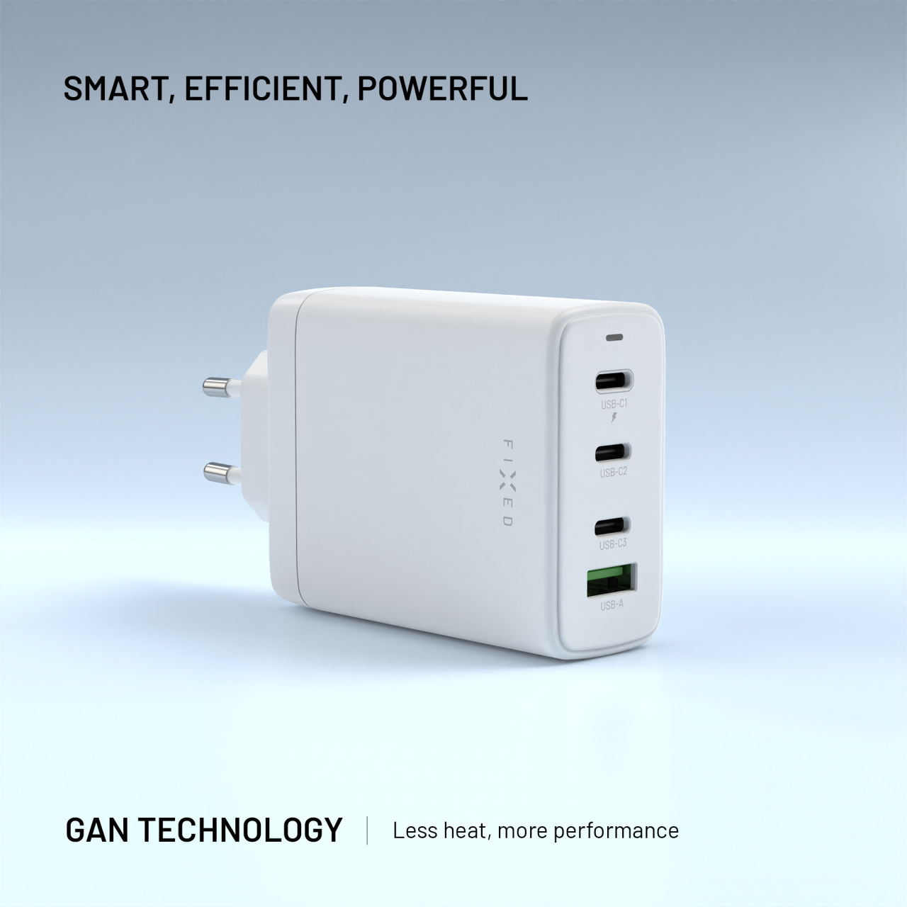 Síťová GaN nabíječka FIXED s 3xUSB-C a USB výstupem, podpora PD 3.0, 120W, bílá
