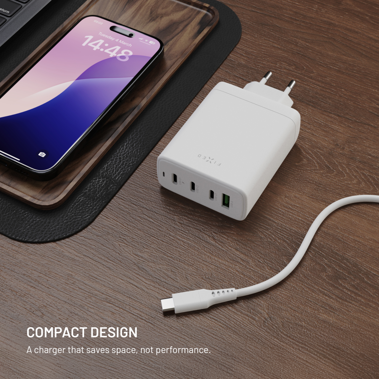 Síťová GaN nabíječka FIXED s 3xUSB-C a USB výstupem, podpora PD 3.0, 120W, bílá