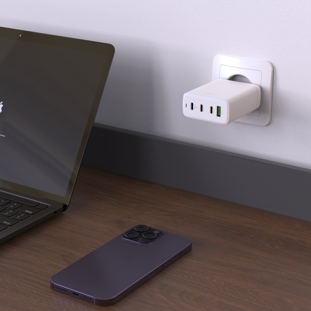 GaN nabíječka do sítě 120W s 3xUSB-C a USB výstupem, podpora PD 3.0 - Fixed, bílá
