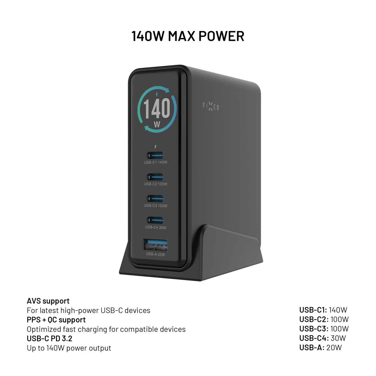 Dokovací GaN stanice FIXED 140W s displejem černá