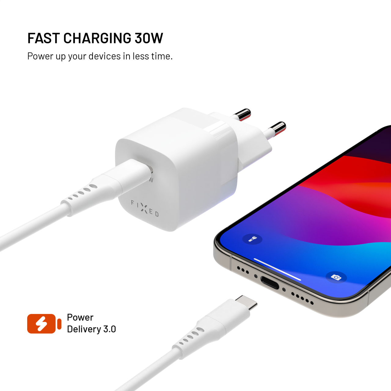 Síťová GaN nabíječka FIXED Mini s USB-C výstupem a podporou PD, 30W, bílá