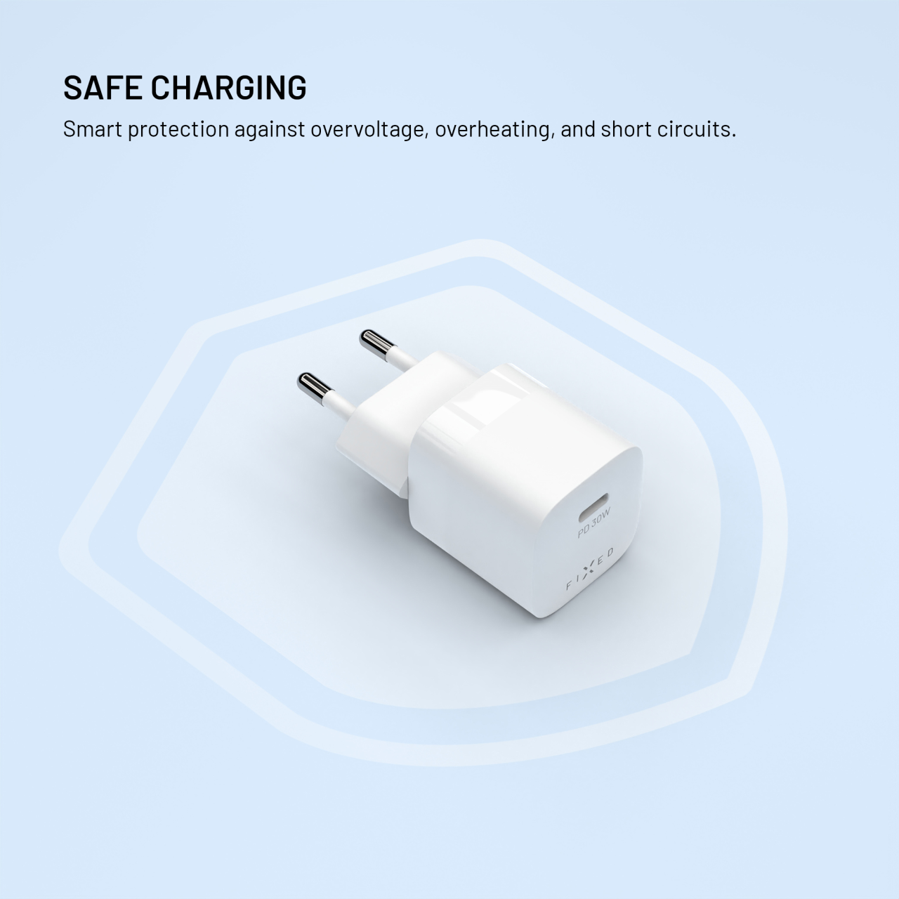 Síťová GaN nabíječka FIXED Mini s USB-C výstupem a podporou PD, 30W, bílá