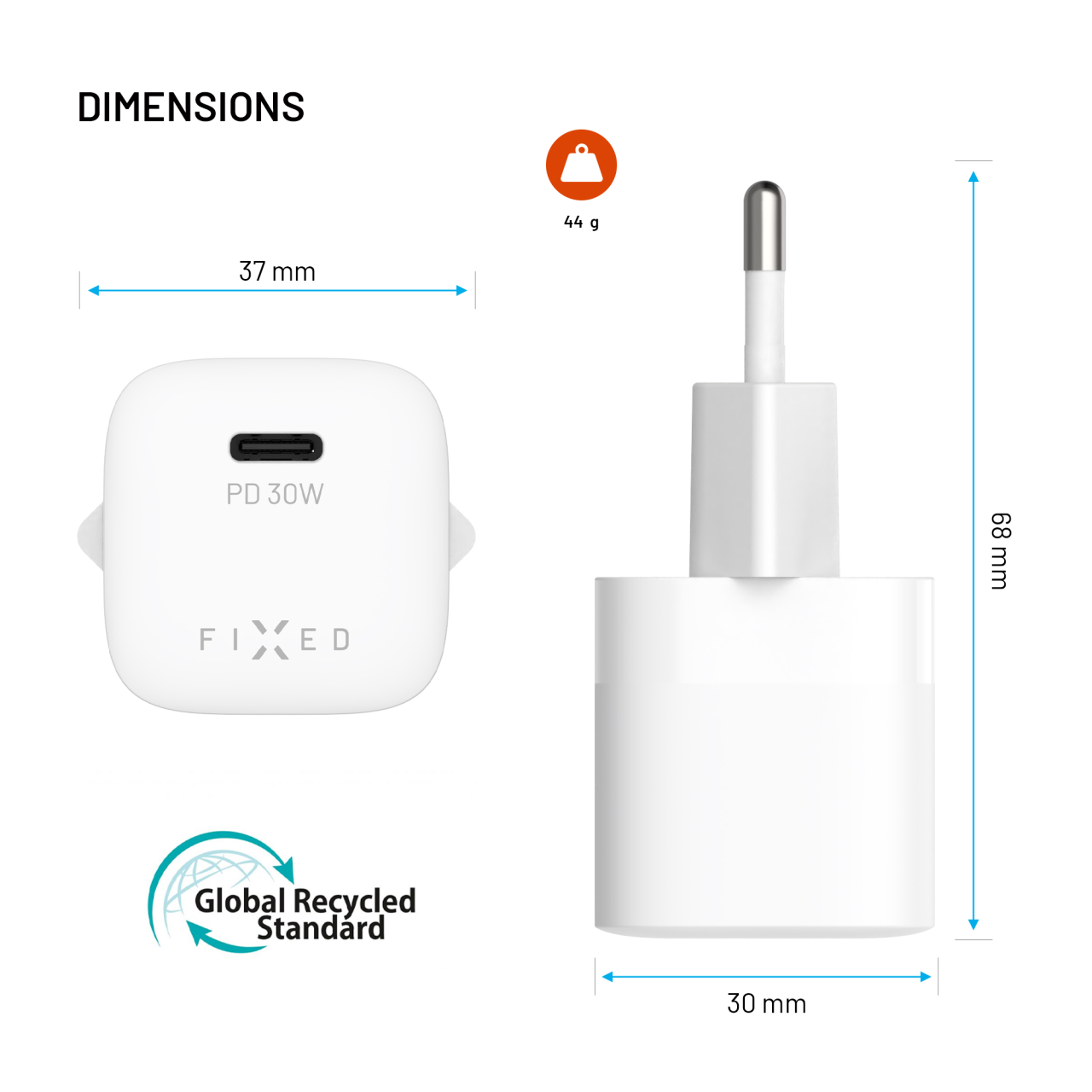 GaN nabíječka do sítě 30W s USB-C výstupem a podporou PD - Fixed Mini, bílá