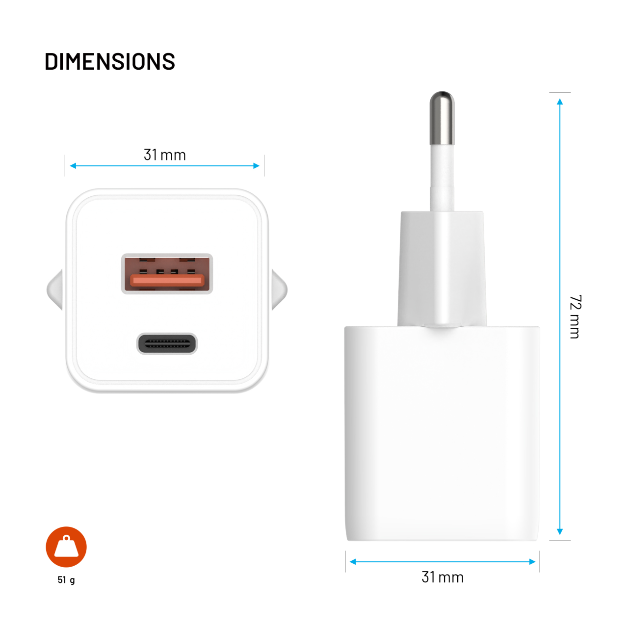 GaN nabíječka do sítě 30W s USB-C a USB výstupem a podporou PD - Fixed Mini, bílá