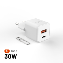 GaN nabíječka do sítě 30W s USB-C a USB výstupem a podporou PD - Fixed Mini, bílá