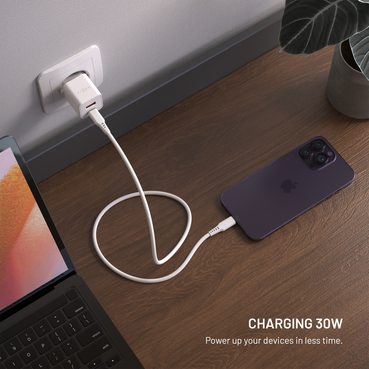 GaN nabíječka do sítě 30W s USB-C a USB výstupem a podporou PD - Fixed Mini, bílá