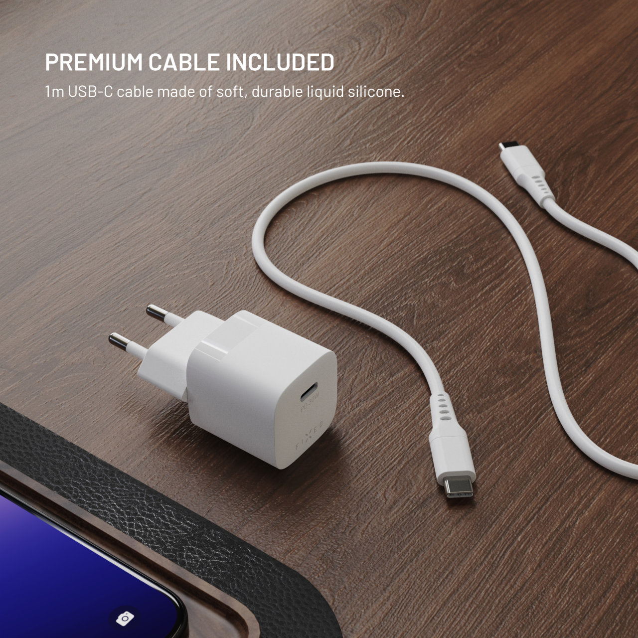 Set síťové GaN nabíječky FIXED Mini s USB-C výstupem a USB-C/USB-C kabelu, podpora PD, 1,2 metr, 30W, bílý