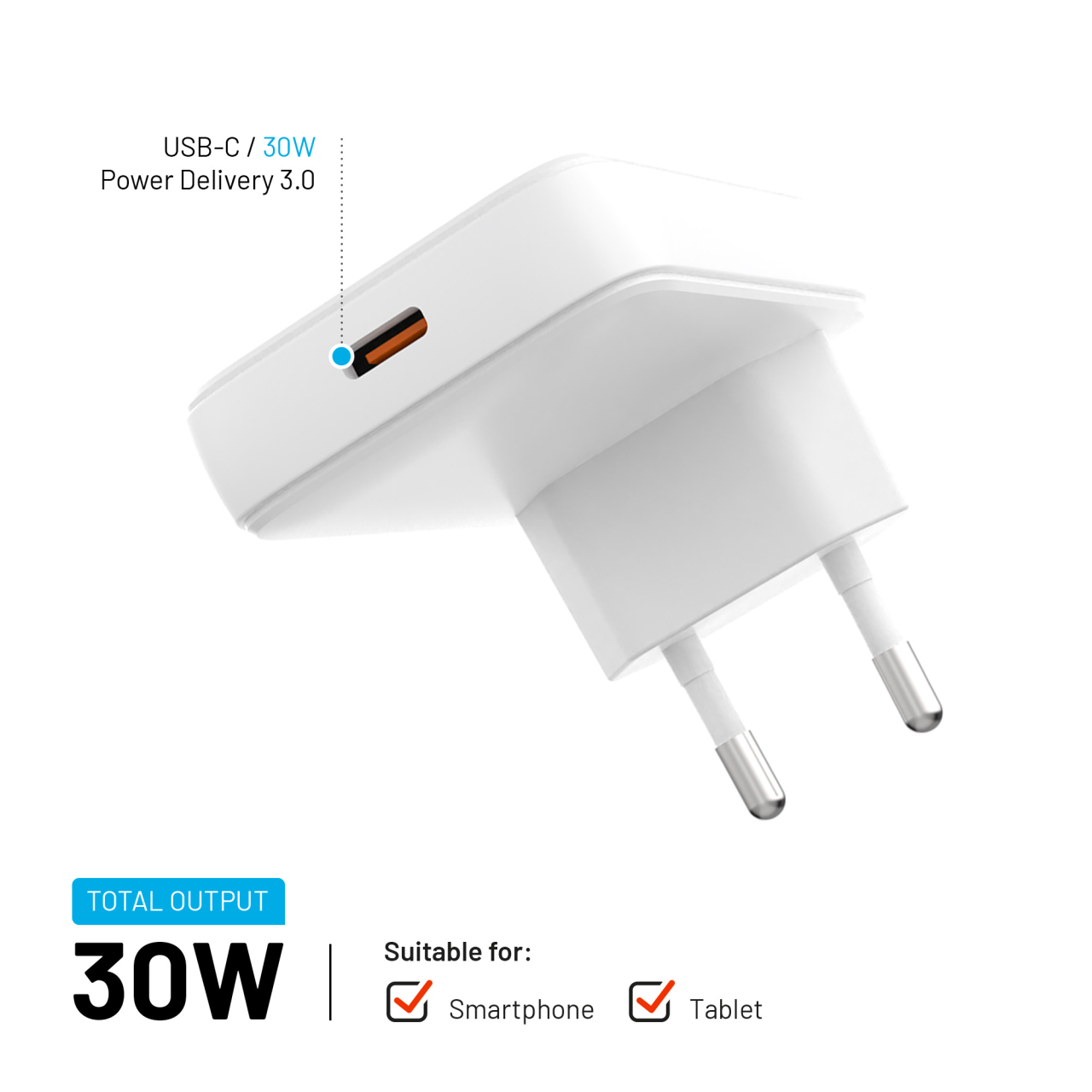 FIXED Síťová GaN nabíječka Slim s USB-C výstupem a podporou PD, 30W, bílá