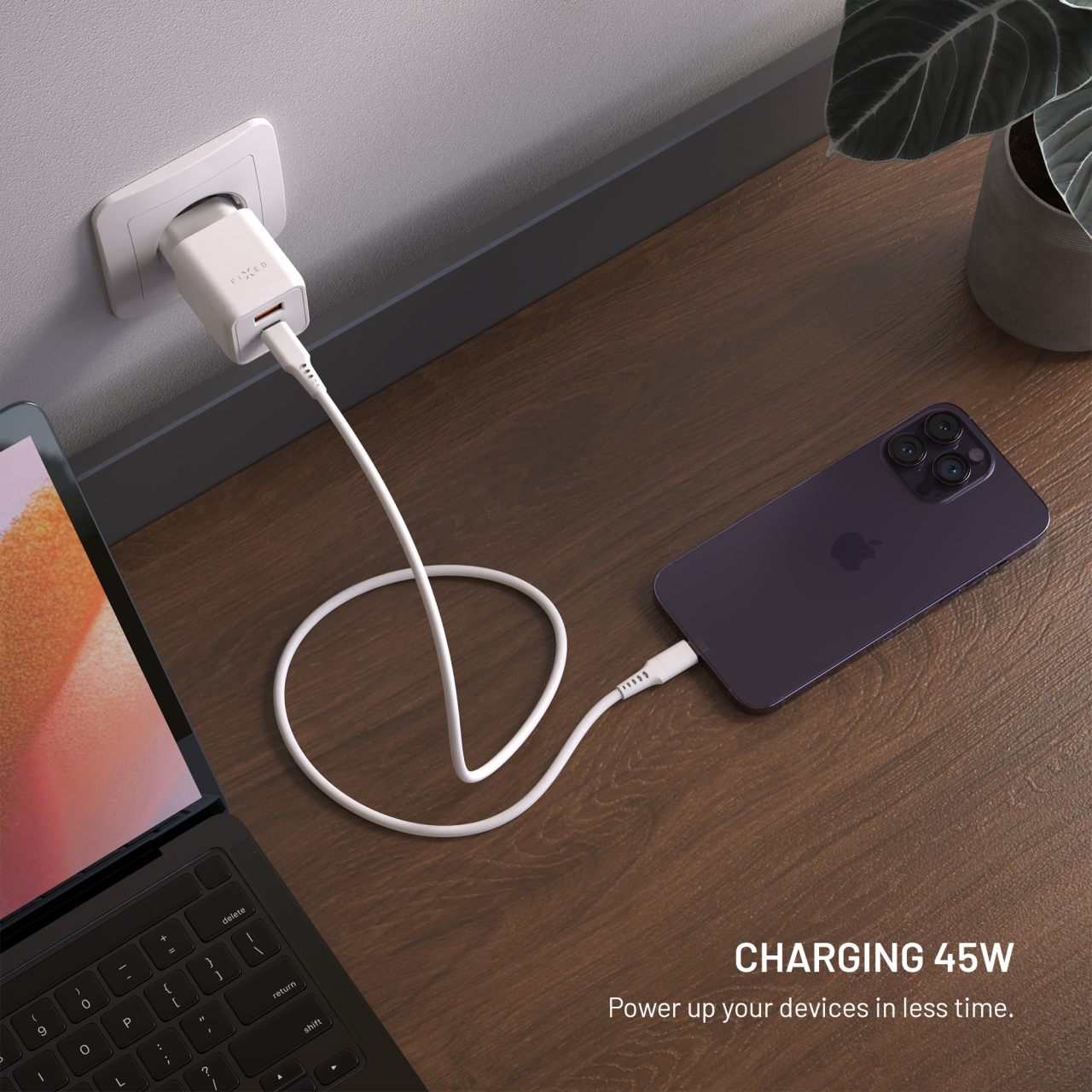 GaN nabíječka do sítě 45W s USB-C a USB výstupem a podporou PD - Fixed Mini, bílá