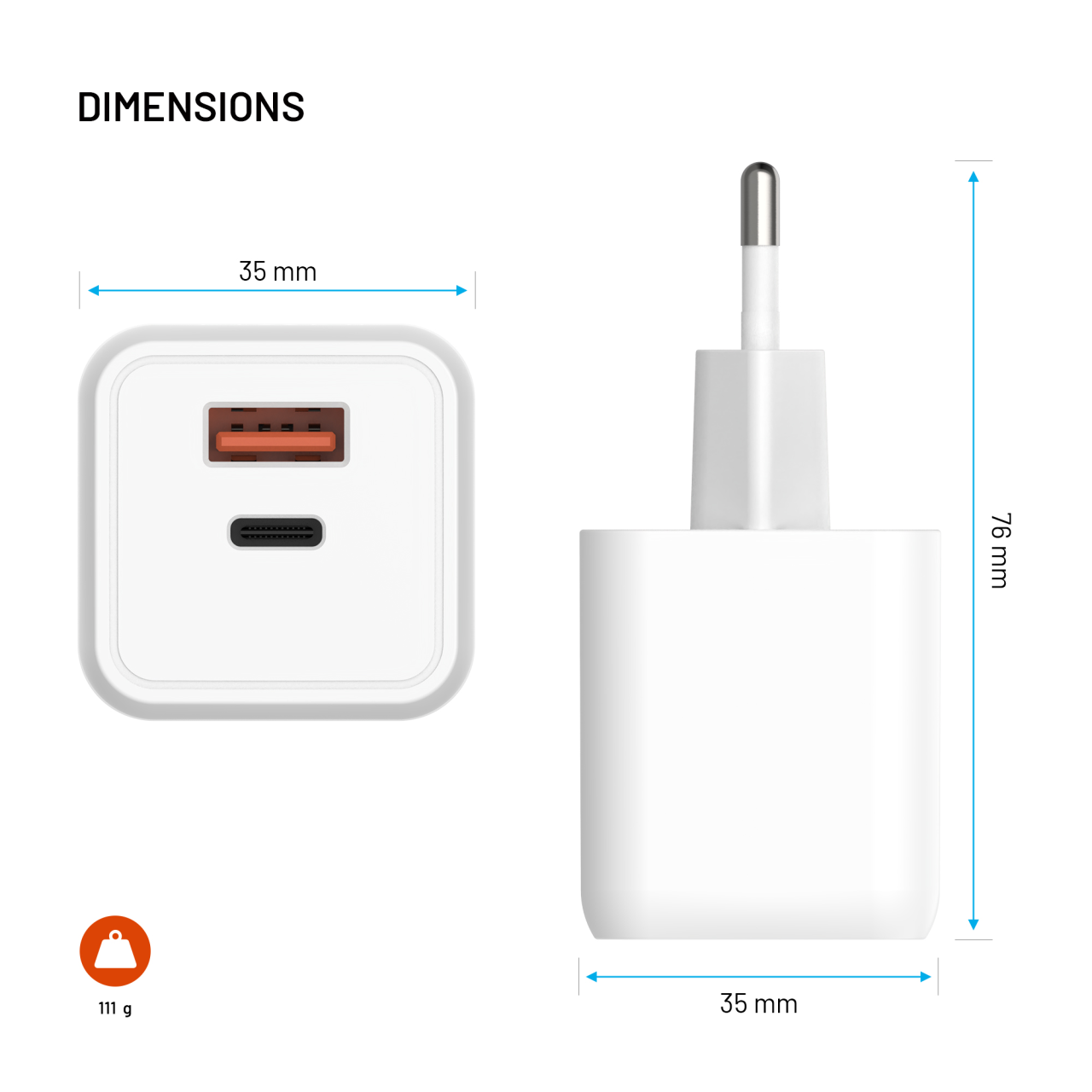 GaN nabíječka do sítě 45W s USB-C a USB výstupem a podporou PD - Fixed Mini, bílá