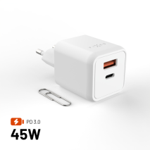 GaN nabíječka do sítě 45W s USB-C a USB výstupem a podporou PD - Fixed Mini, bílá