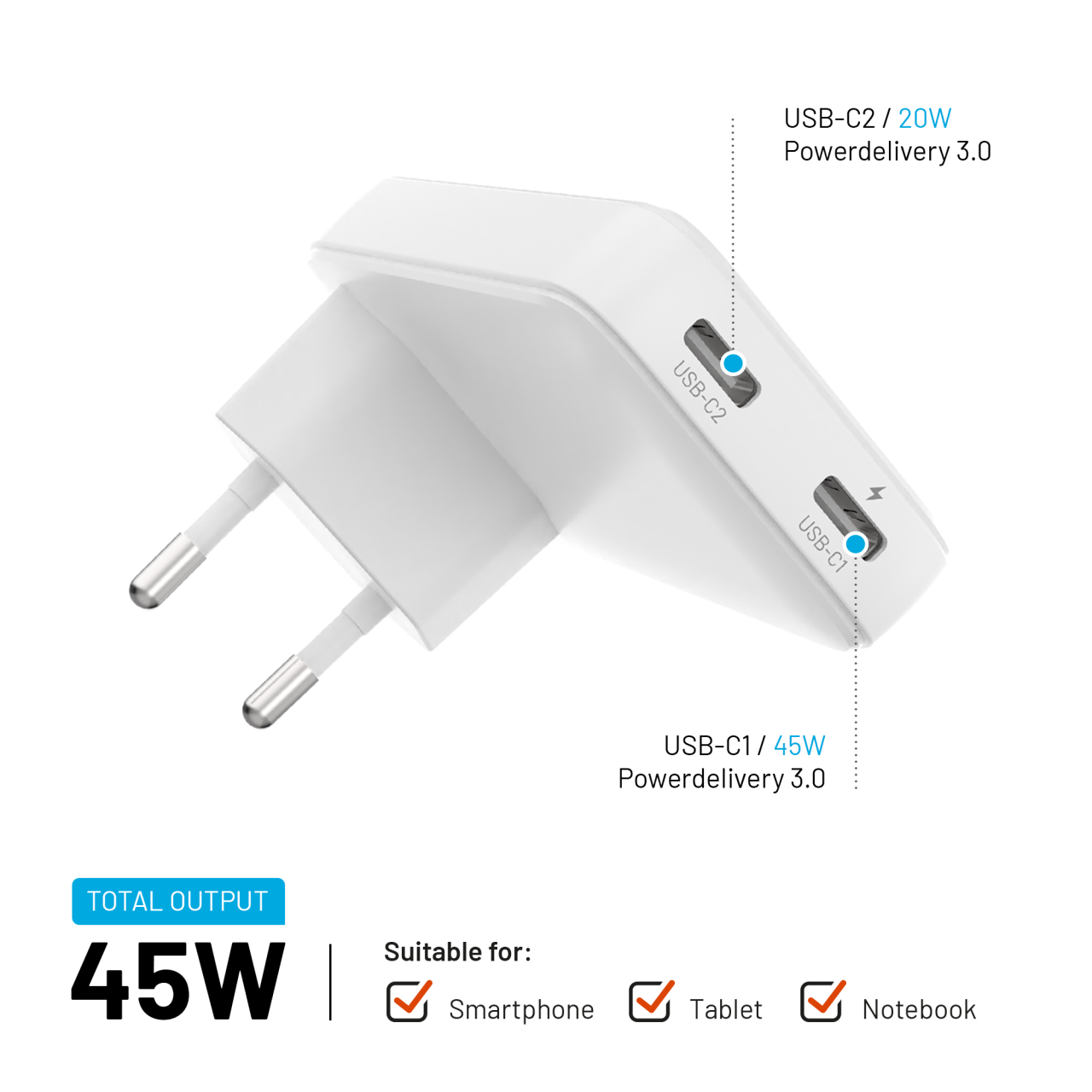 FIXED Síťová GaN nabíječka Slim s 2x USB-C výstupem a podporou PD, 45W, bílá