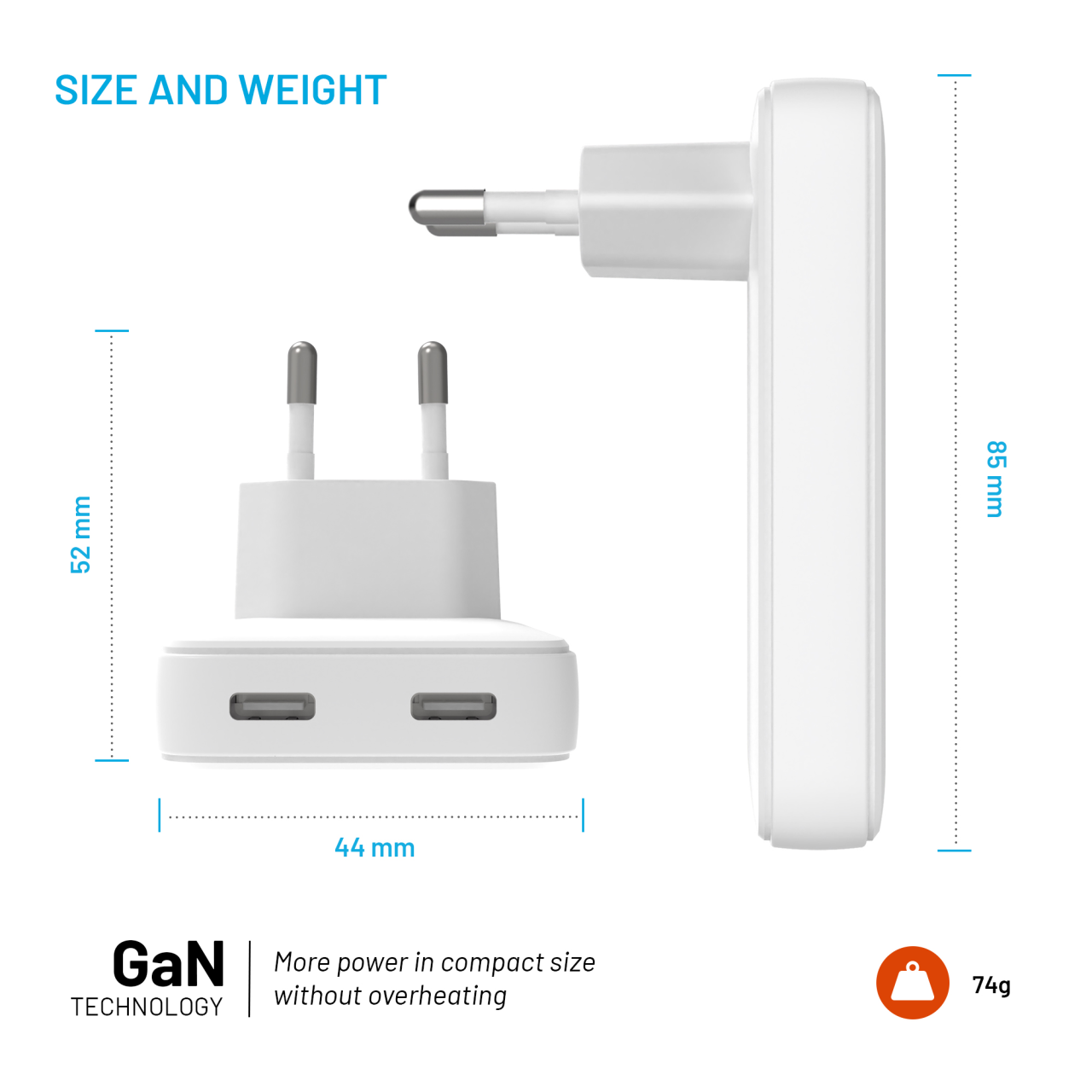 FIXED Síťová GaN nabíječka Slim s 2x USB-C výstupem a podporou PD, 45W, bílá