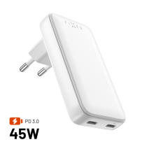 FIXED Síťová GaN nabíječka Slim s 2x USB-C výstupem a podporou PD, 45W, bílá