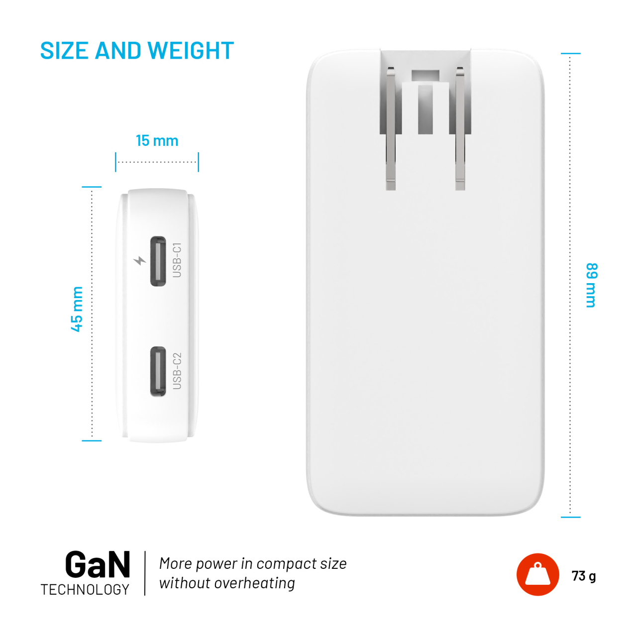 Síťová GaN nabíječka FIXED Slim Traveller s 2x USB-C výstupem s vyměnitelnými adaptéry, 45W, bílá