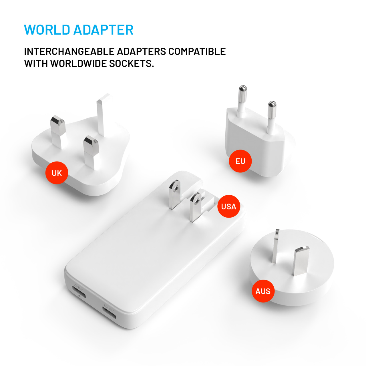 Síťová GaN nabíječka FIXED Slim Traveller s 2x USB-C výstupem s vyměnitelnými adaptéry, 45W, bílá