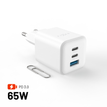 Síťová GaN nabíječka FIXED Mini s 2xUSB-C a USB výstupem, podpora PD, 65W, bílá