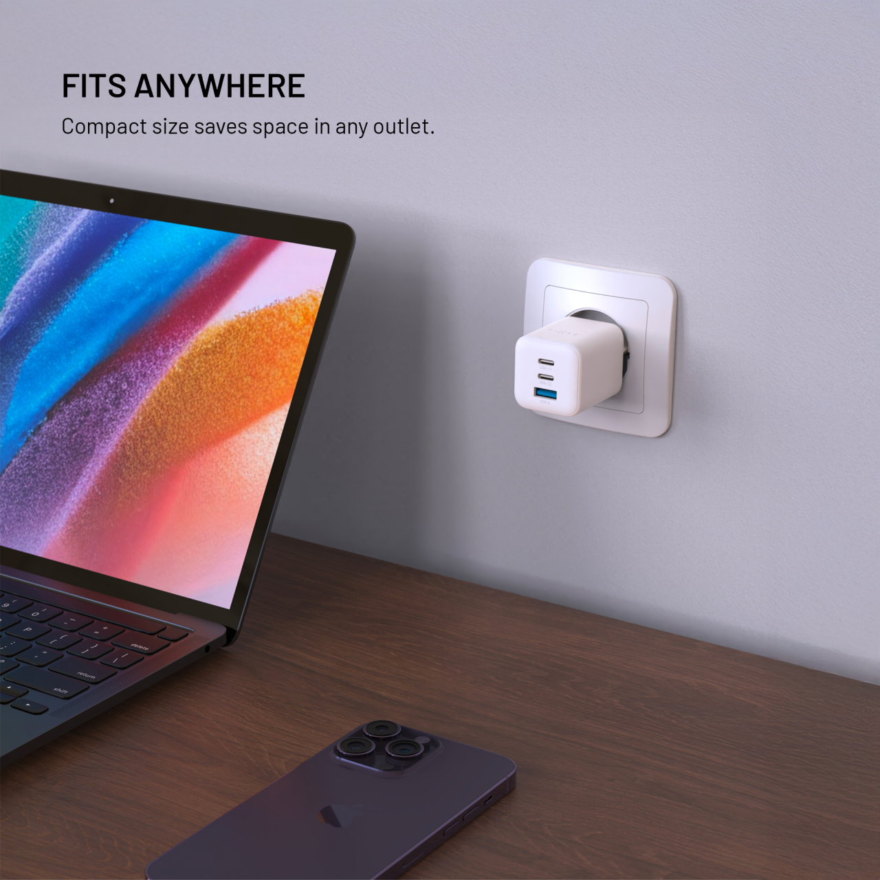 Síťová GaN nabíječka FIXED Mini s 2xUSB-C a USB výstupem, podpora PD, 65W, bílá