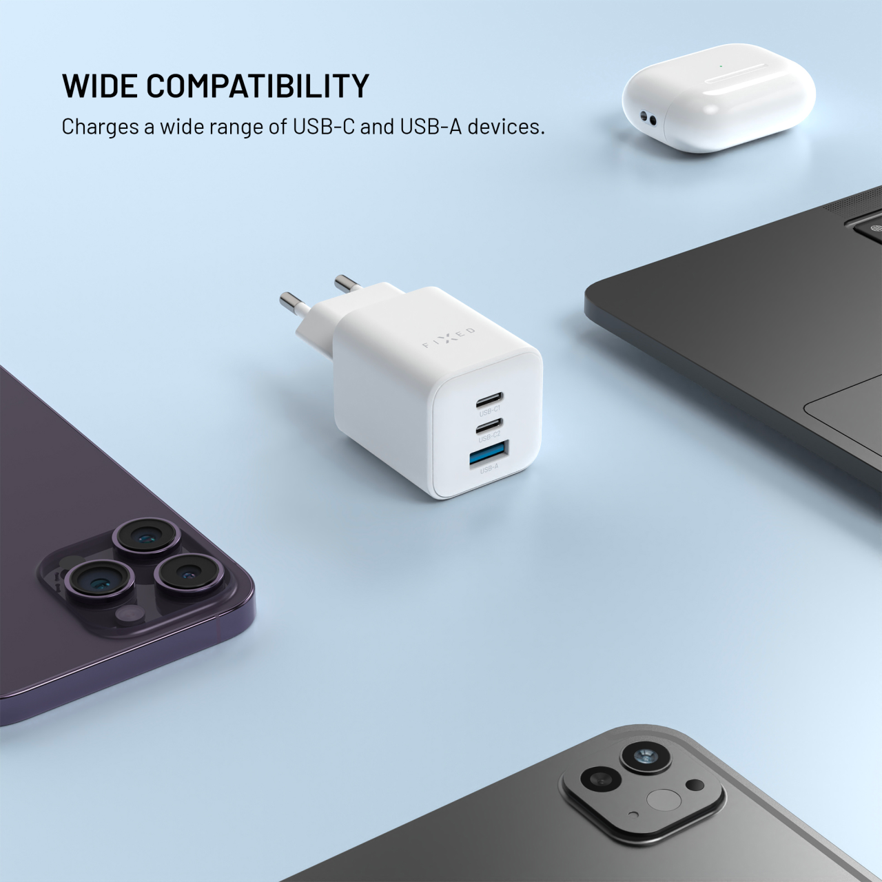 Síťová GaN nabíječka FIXED Mini s 2xUSB-C a USB výstupem, podpora PD, 65W, bílá