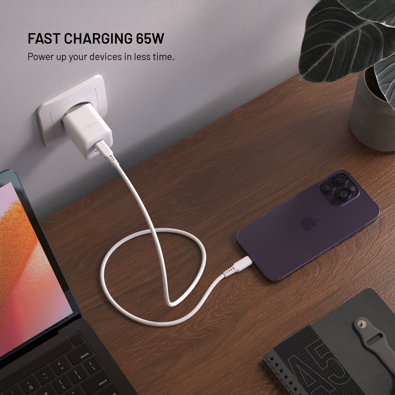Síťová GaN nabíječka FIXED Mini s 2xUSB-C a USB výstupem, podpora PD, 65W, bílá