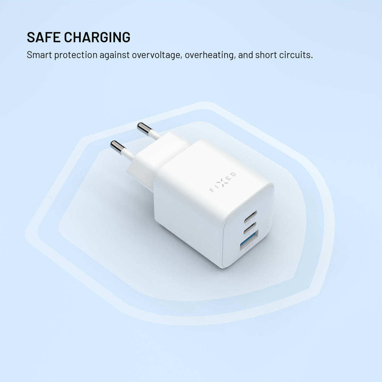 Síťová GaN nabíječka FIXED Mini s 2xUSB-C a USB výstupem, podpora PD, 65W, bílá