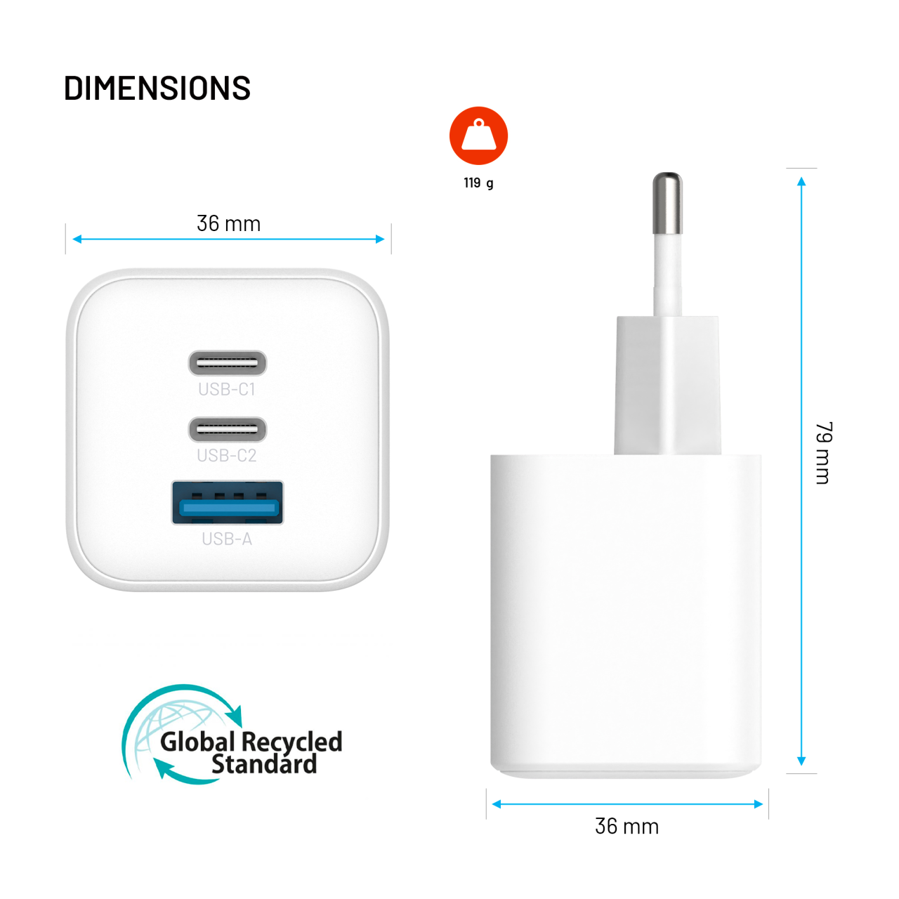 GaN nabíječka do sítě 65W s 2xUSB-C a USB výstupem, podpora PD - Fixed Mini, bílá
