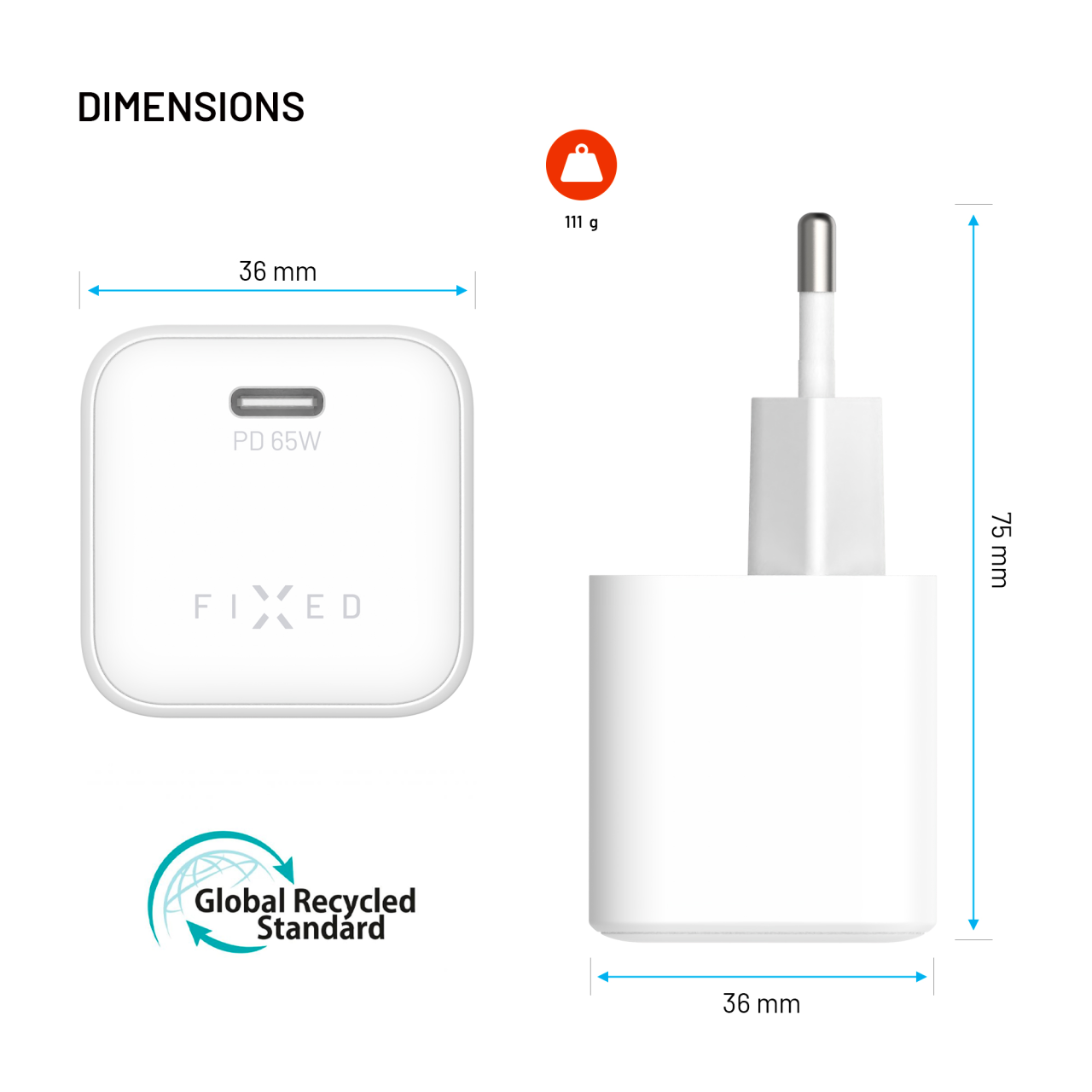 GaN nabíječka do sítě 65W s USB-C výstupem a podporou PD - Fixed Mini, bílá