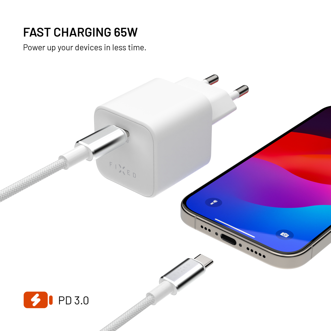 Set síťové GaN nabíječky FIXED Mini s USB-C výstupem a USB-C/USB-C kabelu, podpora PD, 2 metry, 65W, bílý