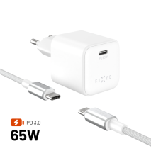 Set síťové GaN nabíječky FIXED Mini s USB-C výstupem a USB-C/USB-C kabelu, podpora PD, 2 metry, 65W, bílý