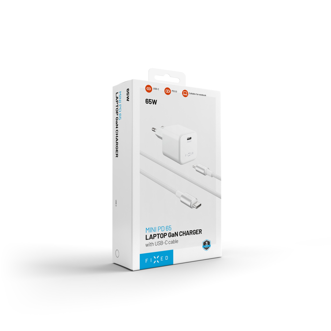 Set síťové GaN nabíječky 65W s USB-C výstupem a USB-C/USB-C kabelu, podpora PD, 2 metry - Fixed Mini, bílý