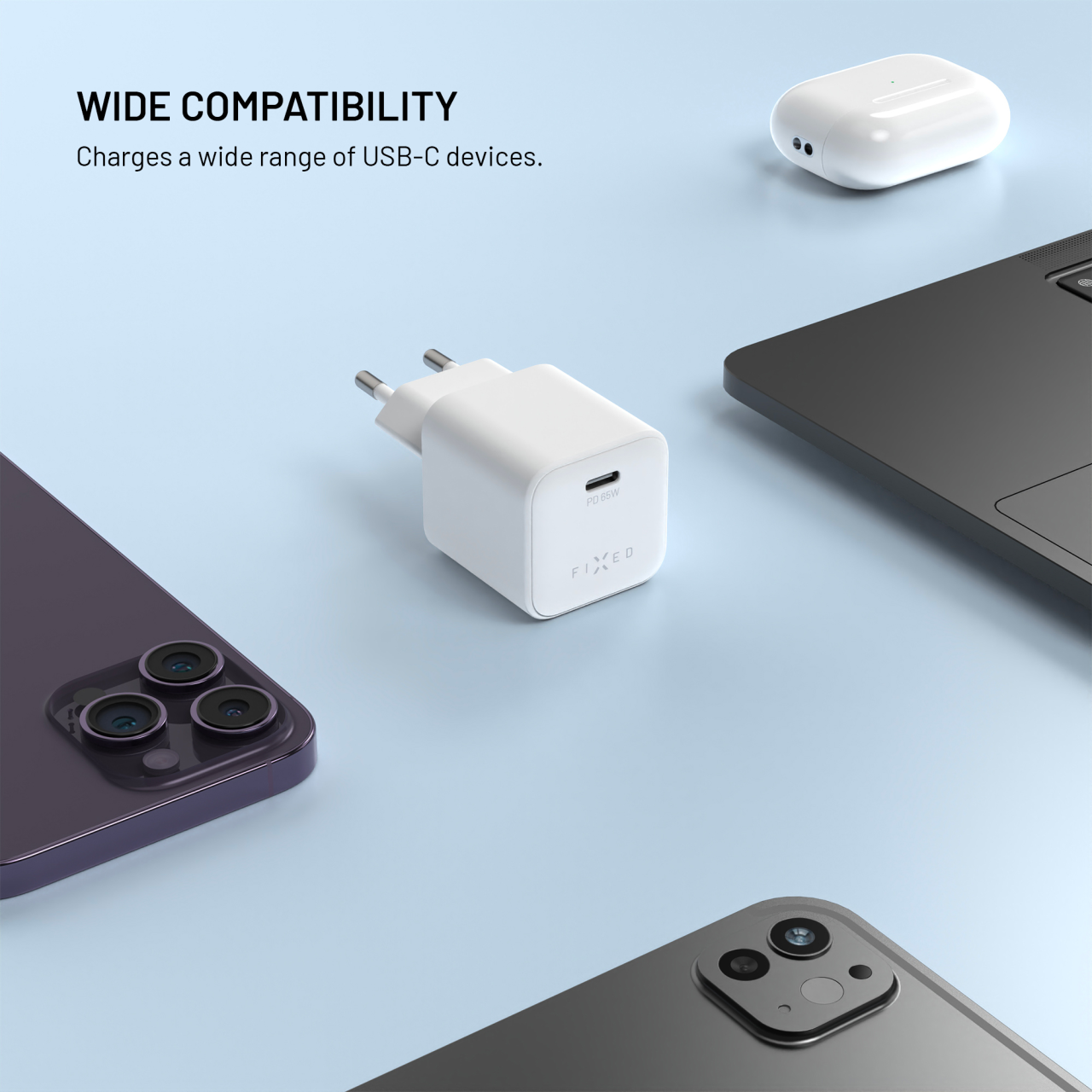 Set síťové GaN nabíječky FIXED Mini s USB-C výstupem a USB-C/USB-C kabelu, podpora PD, 2 metry, 65W, bílý