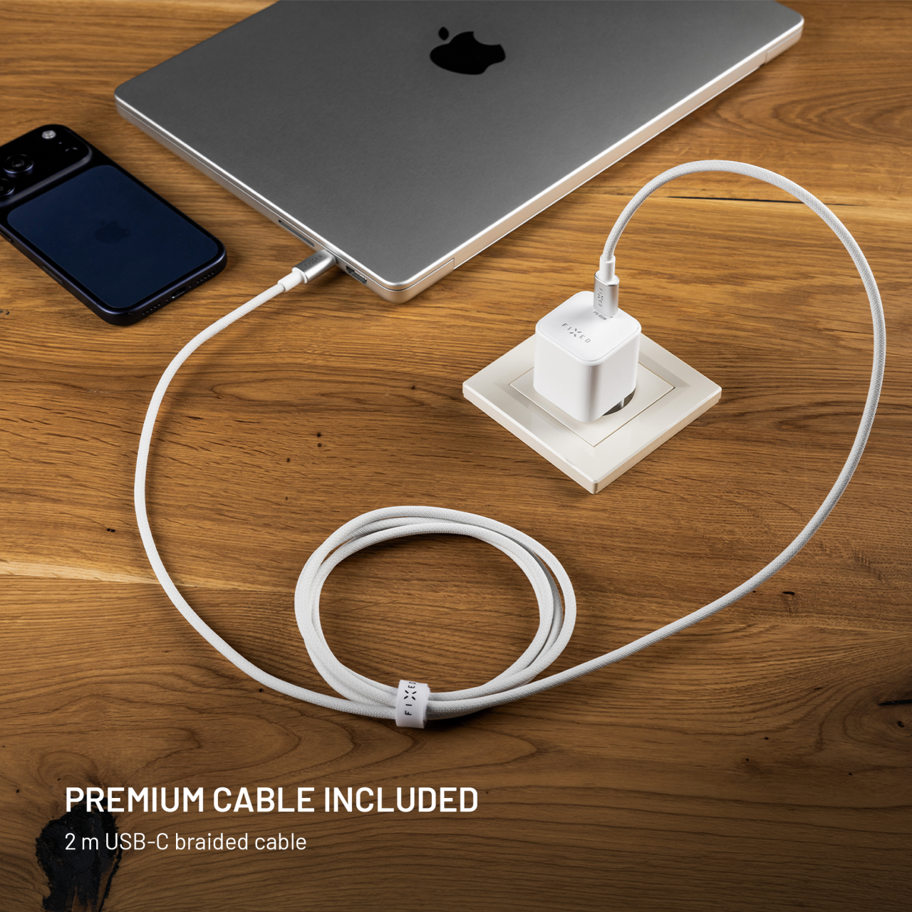 Nabíječka FIXED Mini GaN 65W USB-C kabel bílá