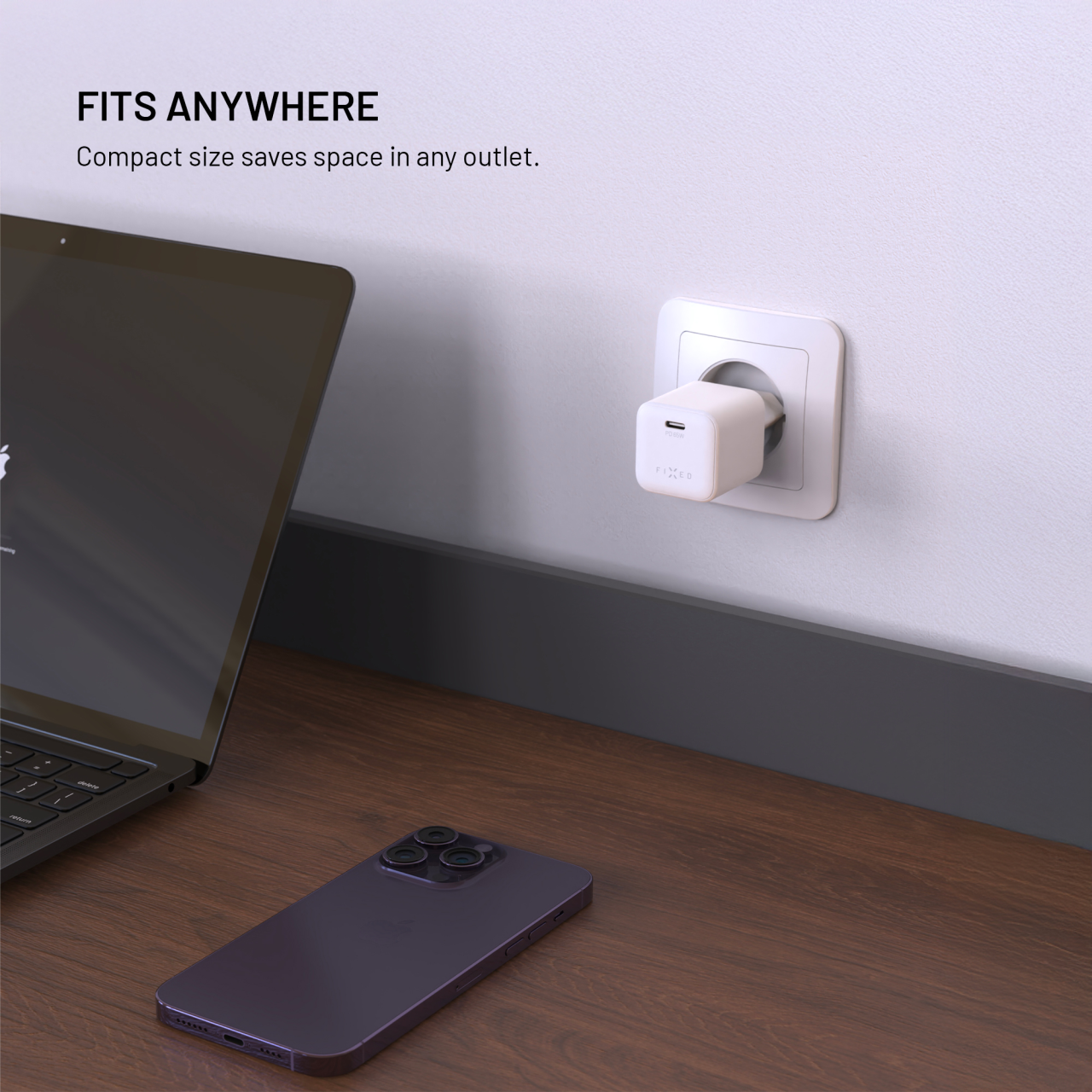 Set síťové GaN nabíječky FIXED Mini s USB-C výstupem a USB-C/USB-C kabelu, podpora PD, 2 metry, 65W, bílý