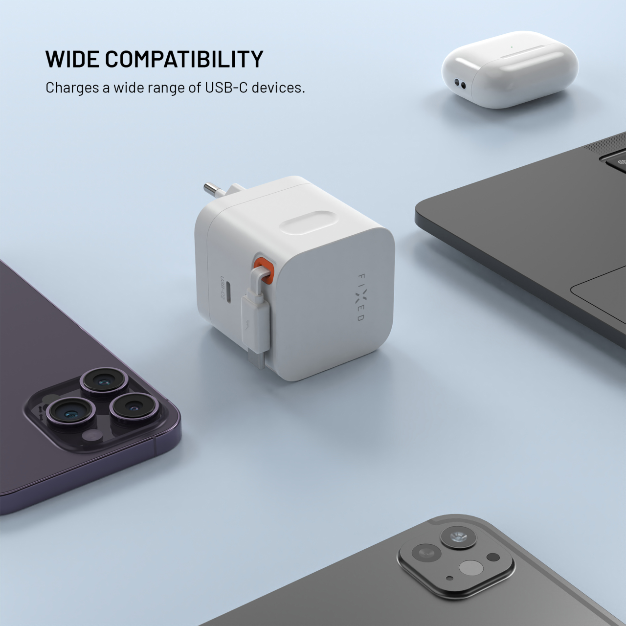 Síťová GaN nabíječka FIXED s 2xUSB-C, podpora PD 3.0, se samonavíjecím kabelem, 65W, bílá