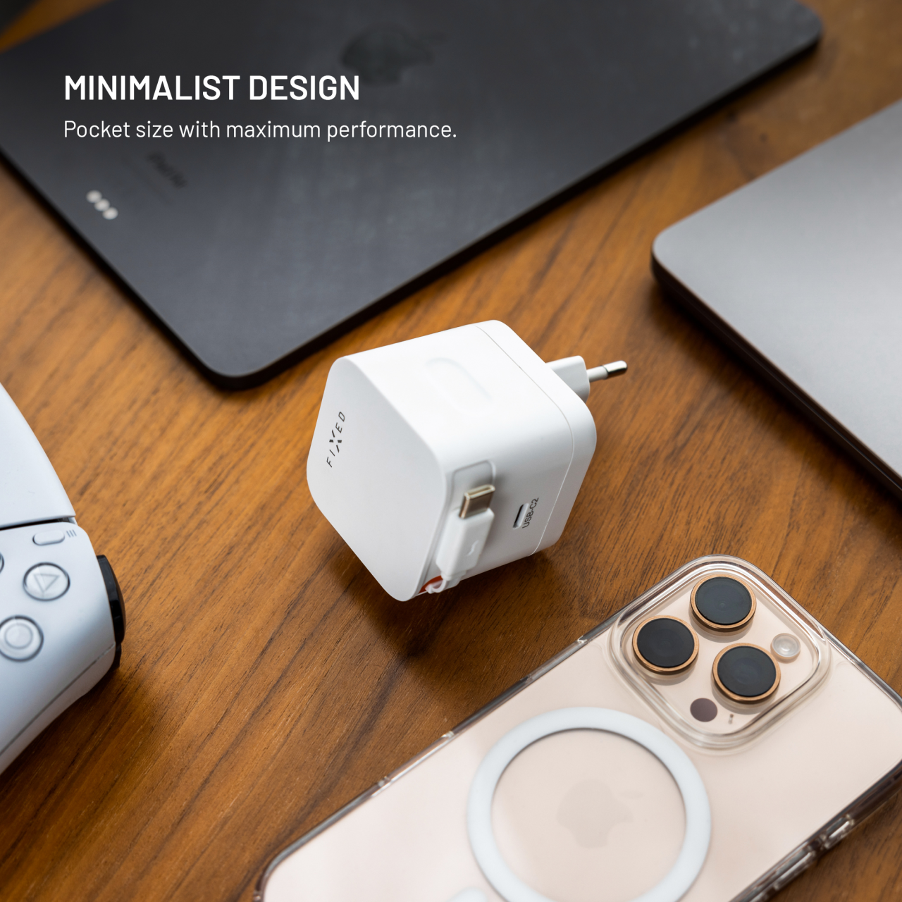 GaN nabíječka do sítě 65W s 2xUSB-C, podpora PD 3.0, se samonavíjecím kabelem - Fixed, bílá