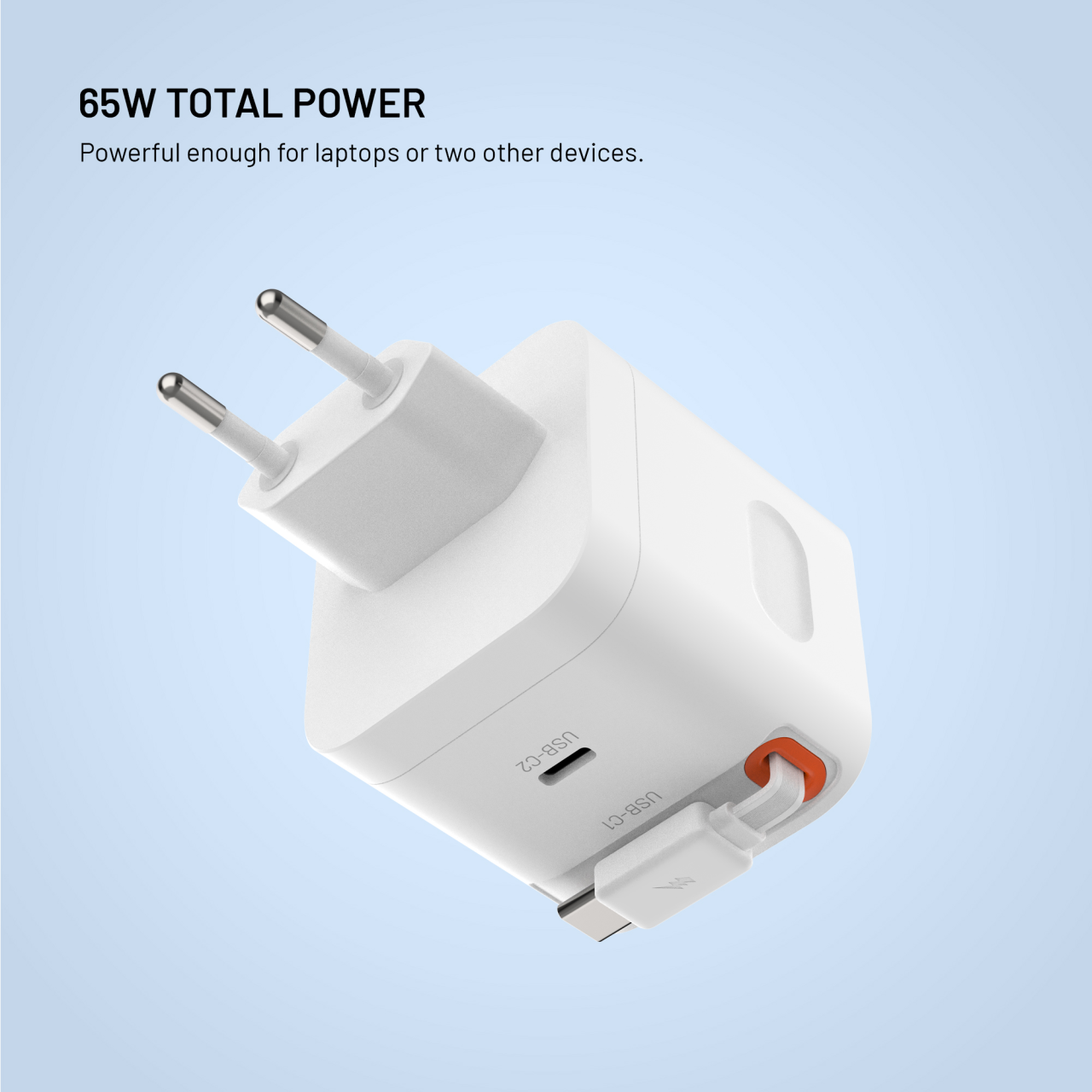 Síťová GaN nabíječka FIXED s 2xUSB-C, podpora PD 3.0, se samonavíjecím kabelem, 65W, bílá