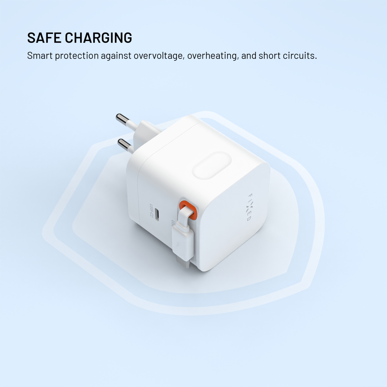 Síťová GaN nabíječka FIXED s 2xUSB-C, podpora PD 3.0, se samonavíjecím kabelem, 65W, bílá