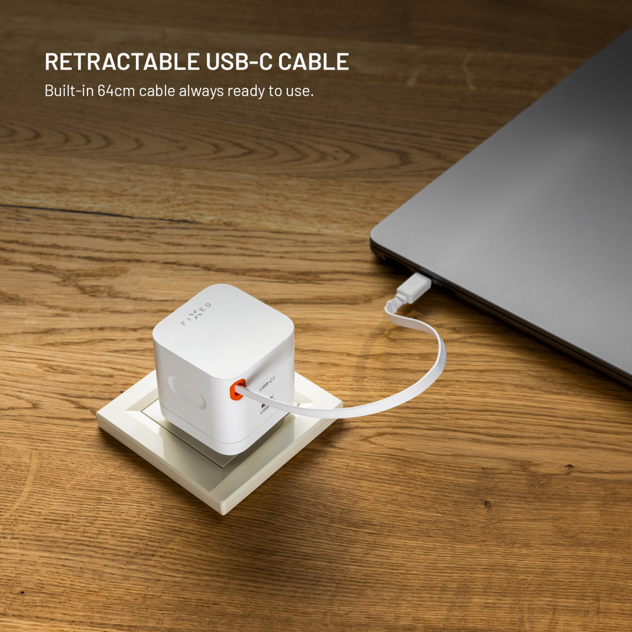 Síťová GaN nabíječka FIXED s 2xUSB-C, podpora PD 3.0, se samonavíjecím kabelem, 65W, bílá