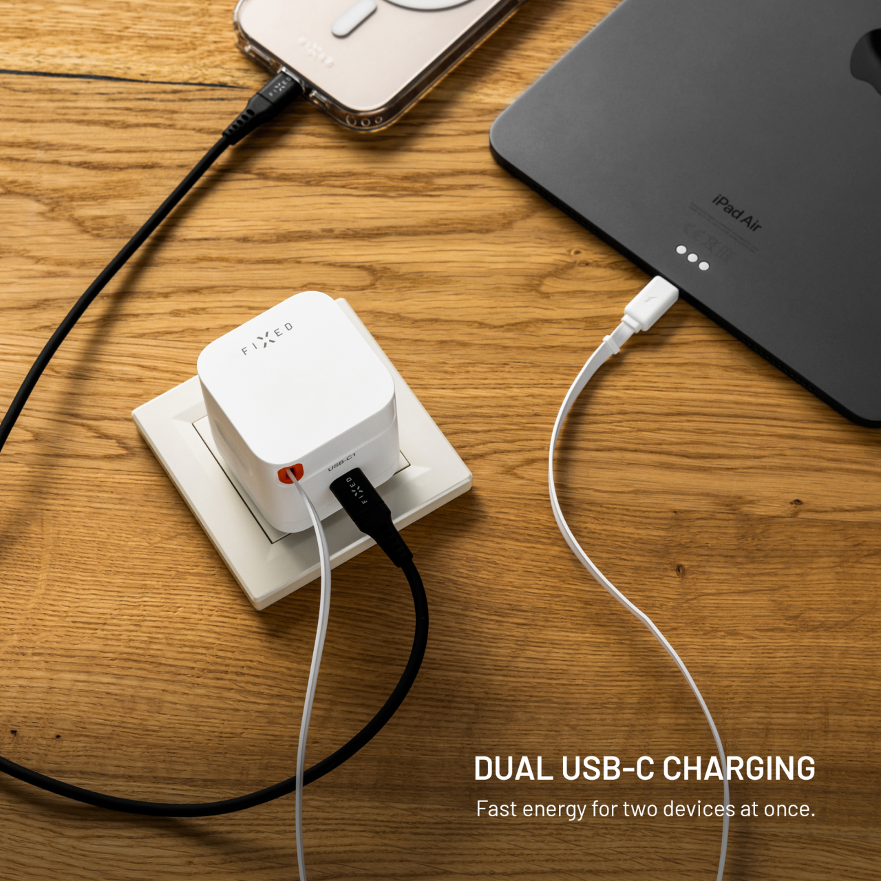 Síťová GaN nabíječka FIXED s 2xUSB-C, podpora PD 3.0, se samonavíjecím kabelem, 65W, bílá