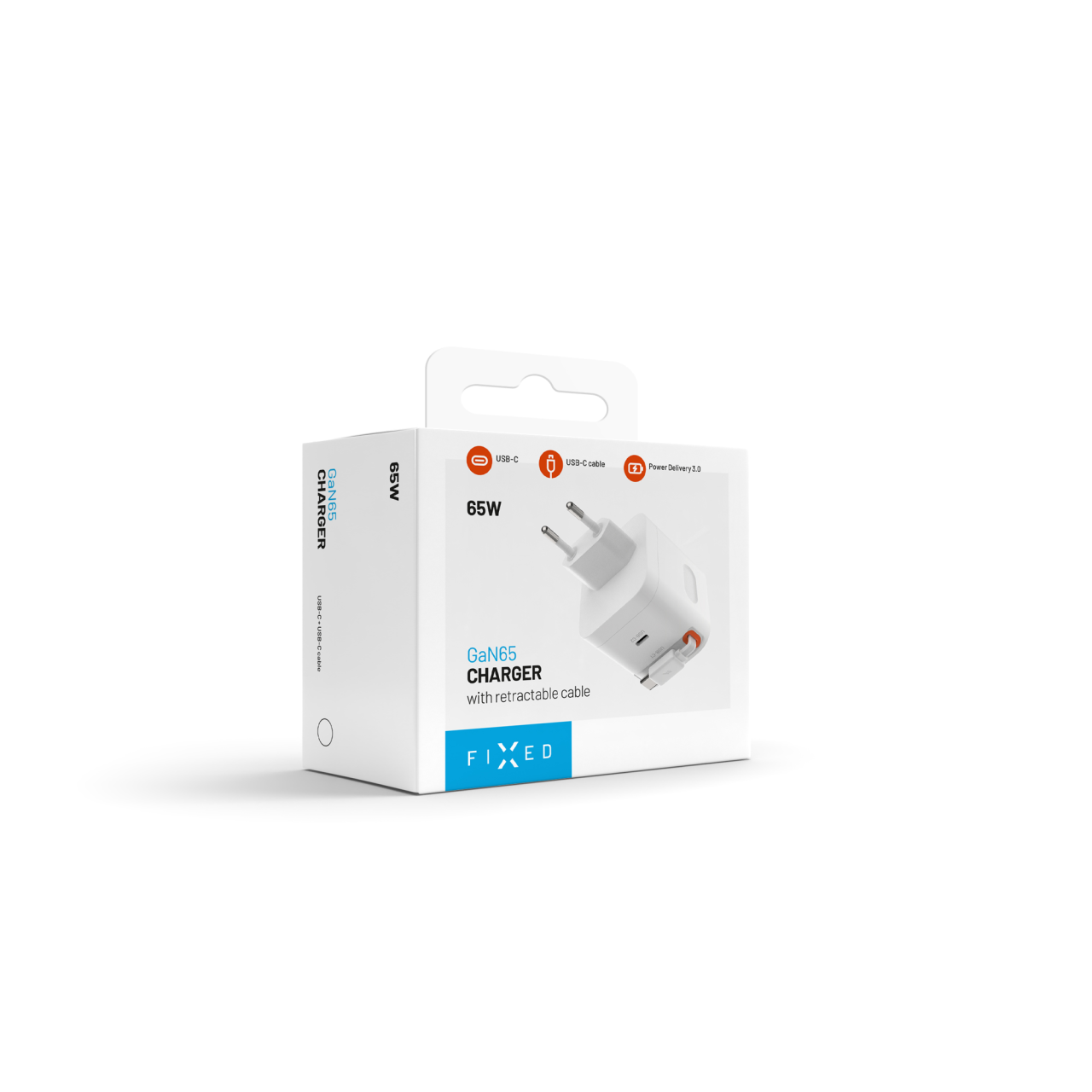 GaN nabíječka do sítě 65W s 2xUSB-C, podpora PD 3.0, se samonavíjecím kabelem - Fixed, bílá
