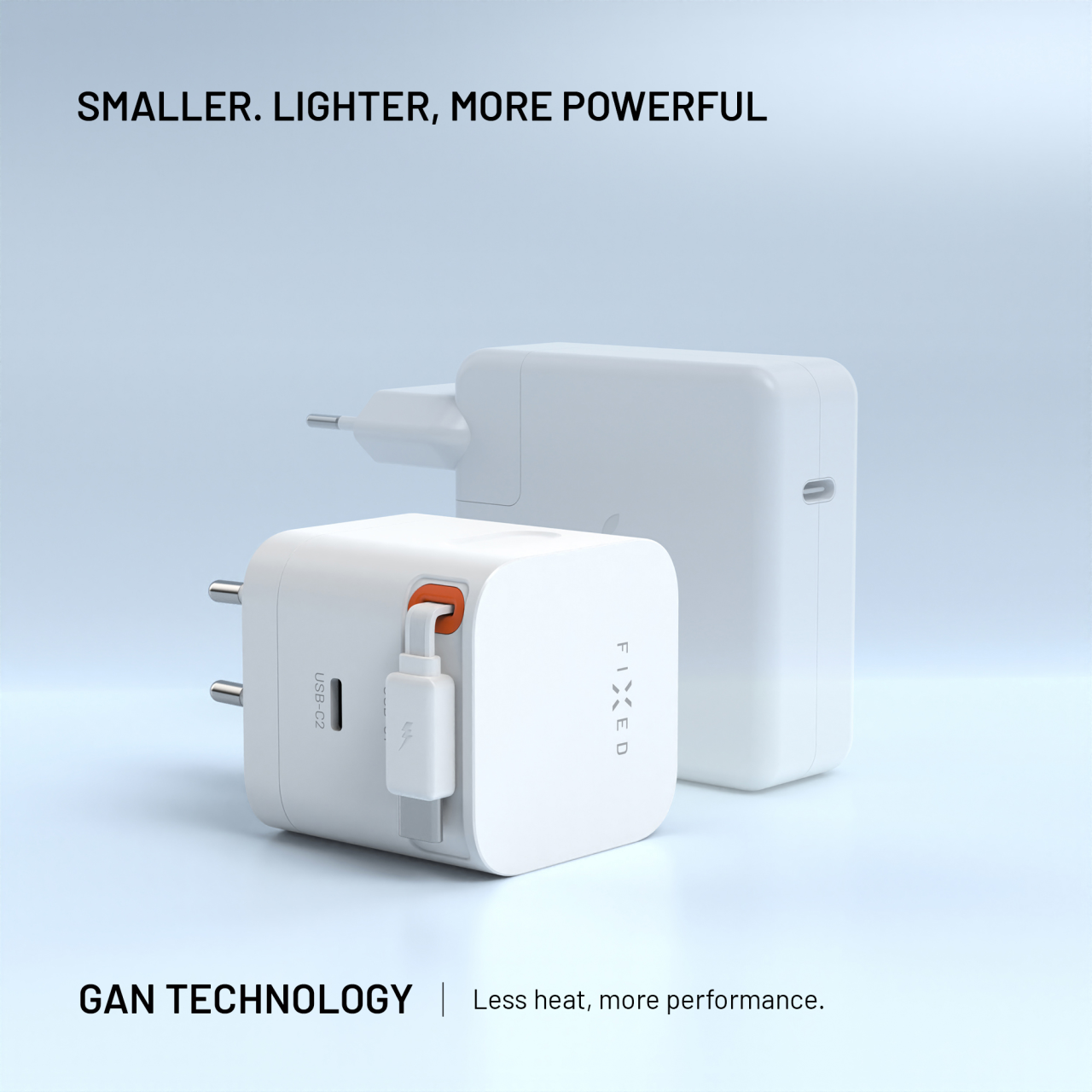 Síťová GaN nabíječka FIXED s 2xUSB-C, podpora PD 3.0, se samonavíjecím kabelem, 65W, bílá