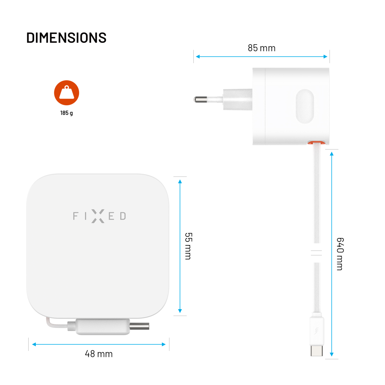 GaN nabíječka do sítě 65W s 2xUSB-C, podpora PD 3.0, se samonavíjecím kabelem - Fixed, bílá