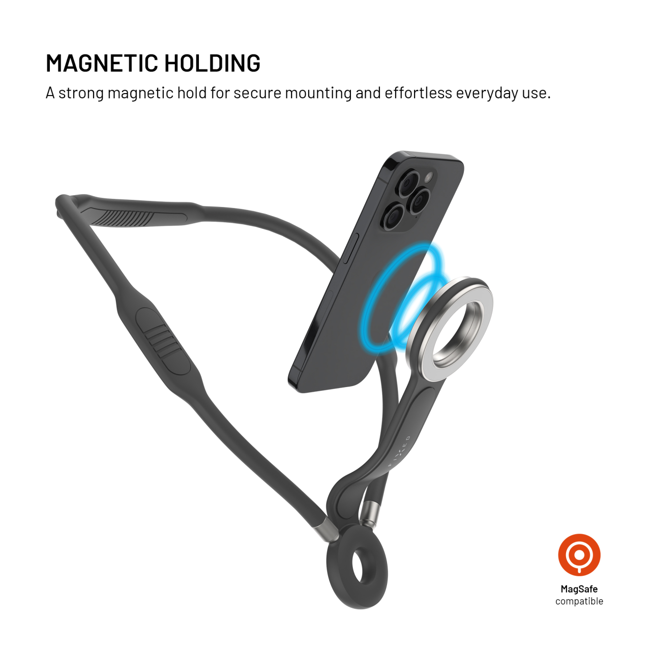 Držák telefonu na krk FIXED Creator Neck Phone Holder s podporou MagSafe, šedý