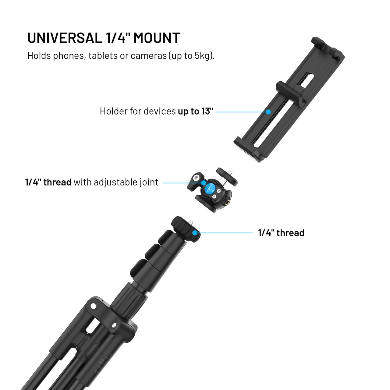 Extra dlouhý stativ FIXED Creator Tripod, 1,9m, 1/4" závit, černý