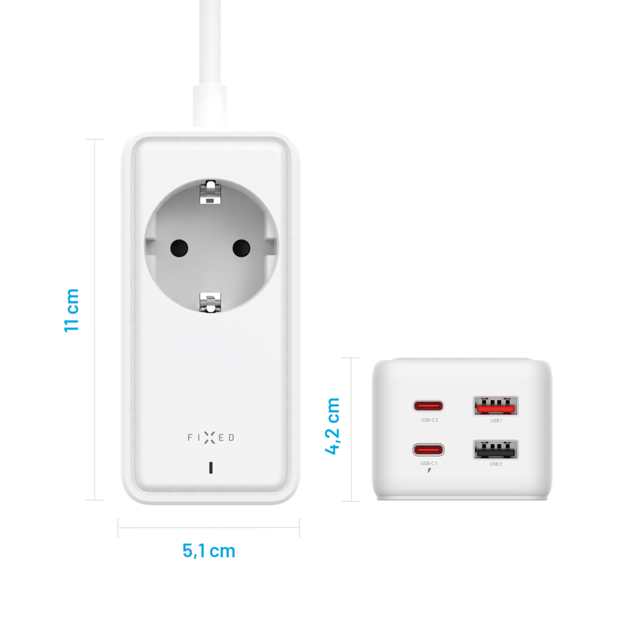 Síťový prodlužovací adaptér 65W s 2x USB-C a 2x USB, GaN III, 3m - Fixed Charging Strip, bílý